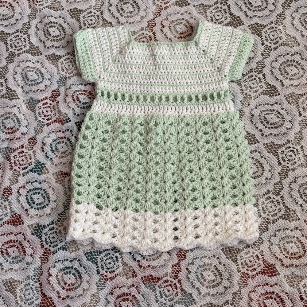 Handmade Crochet Baby Dress in Mint Green and White